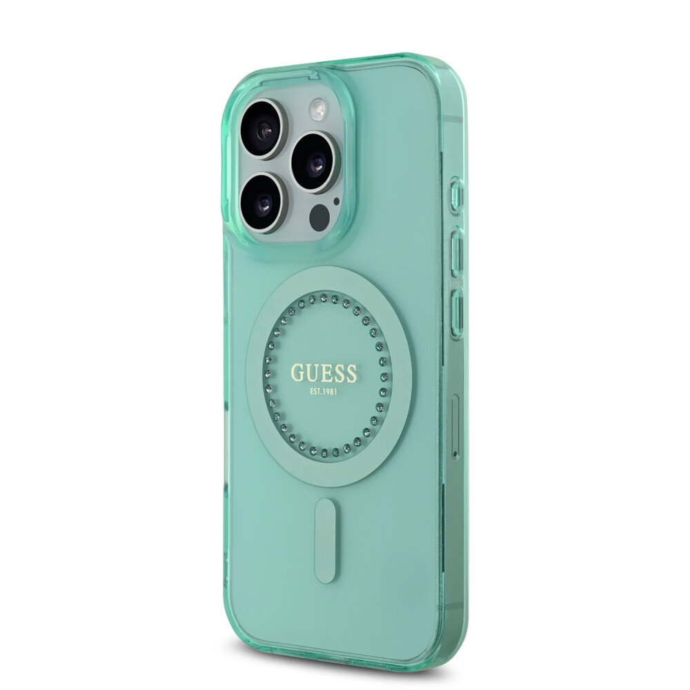 Guess Guess iPhone 16 Pro Max Back-Cover hul - Magsafe IML - Rhinestones - Grün Guess Guess iPhone 16 Pro Max Back-Cover hul - Magsafe IML - Rhinestones - Grün