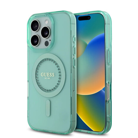 Guess Guess iPhone 16 Pro Max Back-Cover hul - Magsafe IML - Rhinestones - Grün Guess Guess iPhone 16 Pro Max Back-Cover hul - Magsafe IML - Rhinestones - Grün