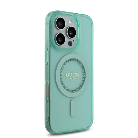 Guess Guess iPhone 16 Pro Backcover hoesje - Magsafe IML - Rhinestones - Groen Guess Guess iPhone 16 Pro Backcover hoesje - Magsafe IML - Rhinestones - Groen
