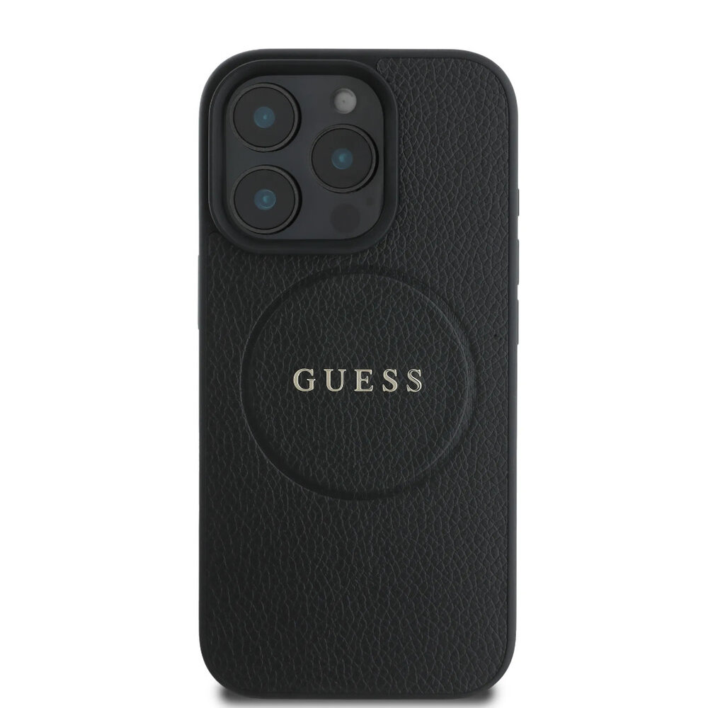 Guess Guess iPhone 16 Pro Max Backcover hoesje - Magsafe PU Leather - Grained With Gold Ring - Zwart Guess Guess iPhone 16 Pro Max Backcover hoesje - Magsafe PU Leather - Grained With Gold Ring - Zwart