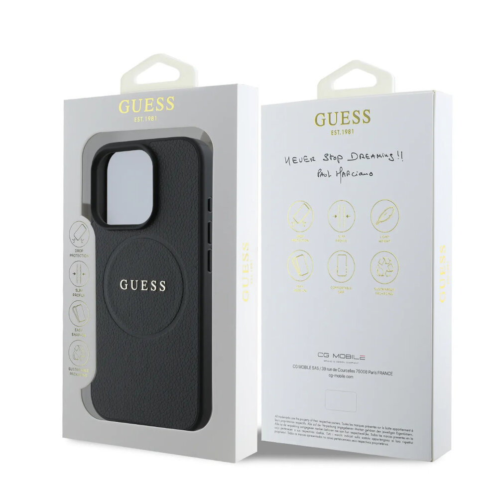 Guess Guess iPhone 16 Pro Max Backcover hoesje - Magsafe PU Leather - Grained With Gold Ring - Zwart Guess Guess iPhone 16 Pro Max Backcover hoesje - Magsafe PU Leather - Grained With Gold Ring - Zwart
