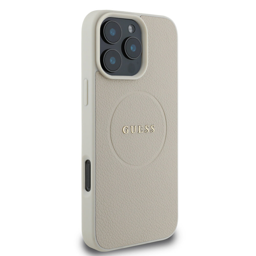 Guess Guess iPhone 16 Pro Max Back cover case - Magsafe PU Leather - Grained With Gold Ring - Beige Guess Guess iPhone 16 Pro Max Back cover case - Magsafe PU Leather - Grained With Gold Ring - Beige