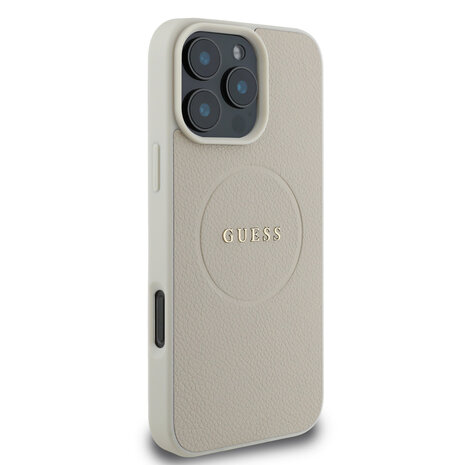 Guess Guess iPhone 16 Pro Max Back cover case - Magsafe PU Leather - Grained With Gold Ring - Beige Guess Guess iPhone 16 Pro Max Back cover case - Magsafe PU Leather - Grained With Gold Ring - Beige