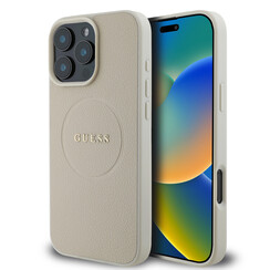 Guess iPhone 16 Pro Max Back-Cover hul - Magsafe PU Leather - Grained With Gold Ring - Beige