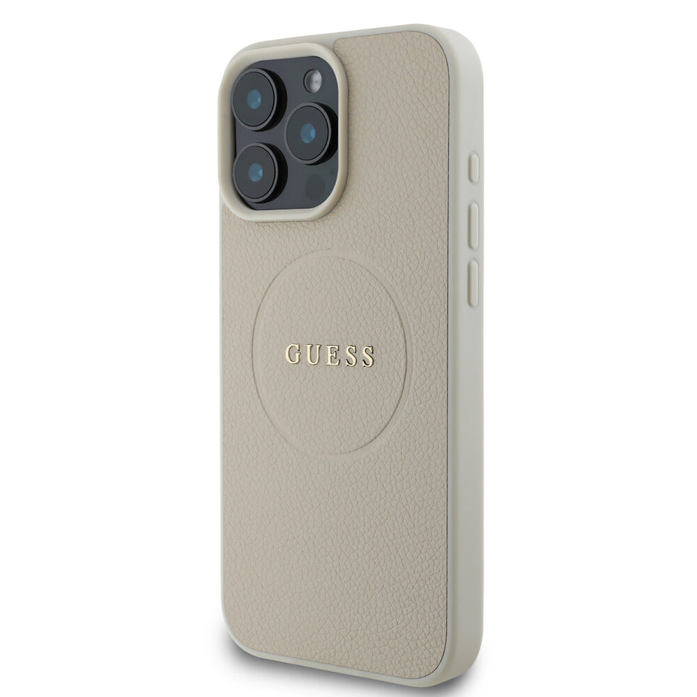 Guess Guess iPhone 16 Pro Max Back cover coque - Magsafe PU Leather - Grained With Gold Ring - Beige Guess Guess iPhone 16 Pro Max Back cover coque - Magsafe PU Leather - Grained With Gold Ring - Beige