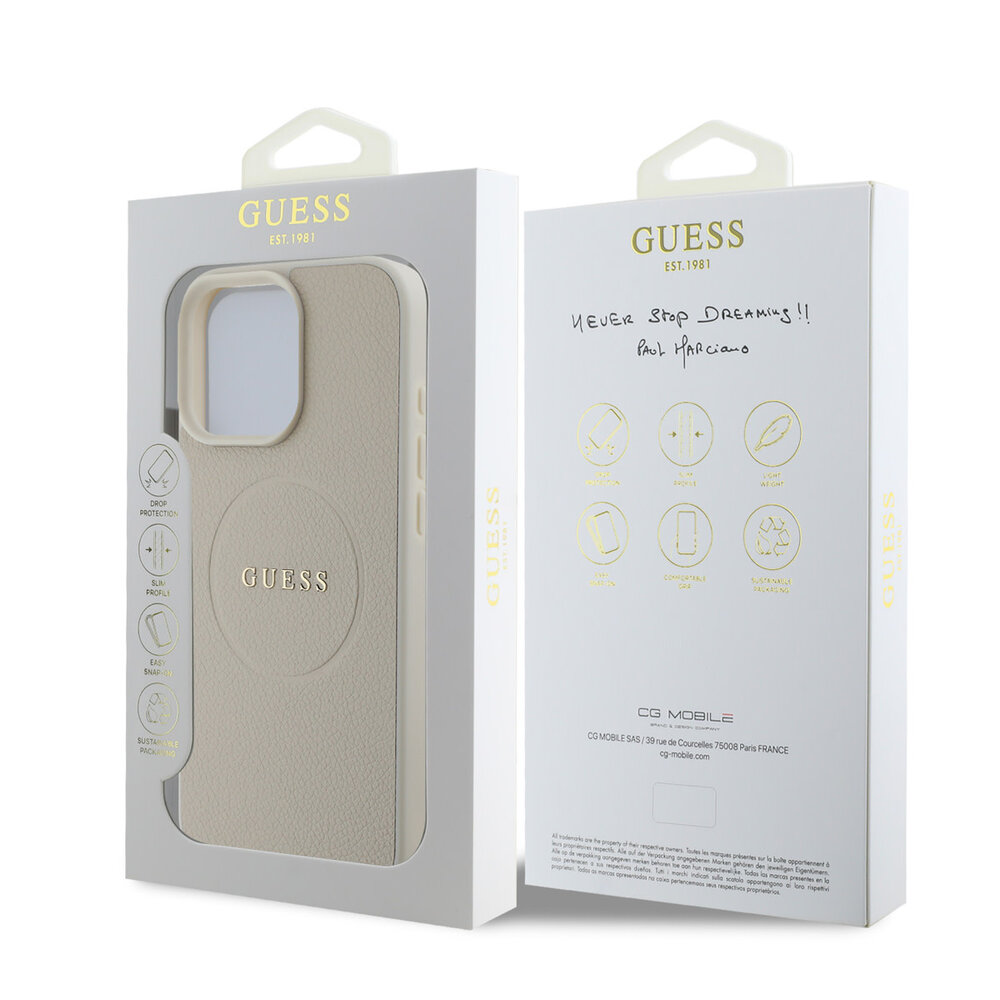 Guess Guess iPhone 16 Pro Max Back cover coque - Magsafe PU Leather - Grained With Gold Ring - Beige Guess Guess iPhone 16 Pro Max Back cover coque - Magsafe PU Leather - Grained With Gold Ring - Beige