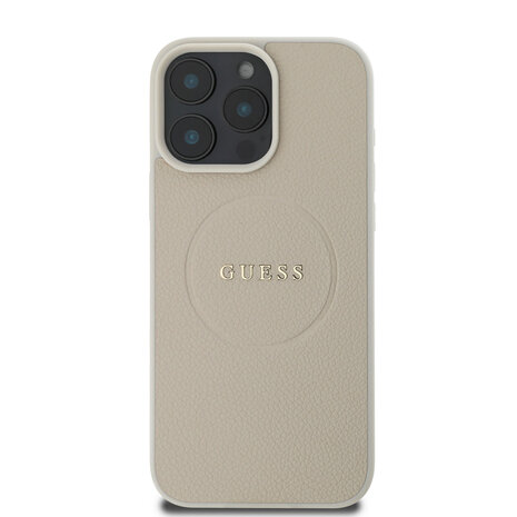 Guess Guess iPhone 16 Pro Max Back cover case - Magsafe PU Leather - Grained With Gold Ring - Beige Guess Guess iPhone 16 Pro Max Back cover case - Magsafe PU Leather - Grained With Gold Ring - Beige