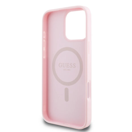 Guess Guess iPhone 16 Pro Back cover case - Magsafe PU Leather - Grained With Gold Ring - Pink Guess Guess iPhone 16 Pro Back cover case - Magsafe PU Leather - Grained With Gold Ring - Pink
