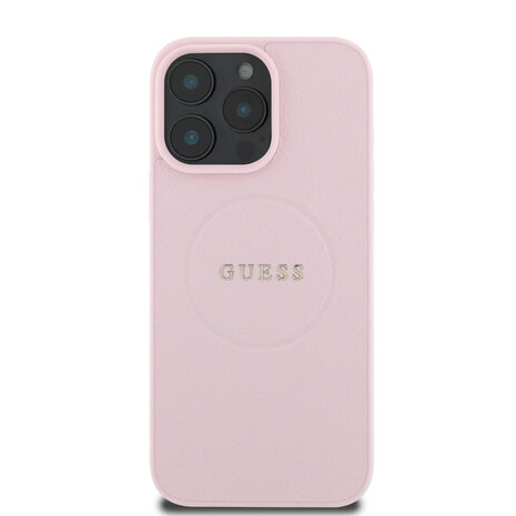 Guess Guess iPhone 16 Pro Back cover case - Magsafe PU Leather - Grained With Gold Ring - Pink Guess Guess iPhone 16 Pro Back cover case - Magsafe PU Leather - Grained With Gold Ring - Pink
