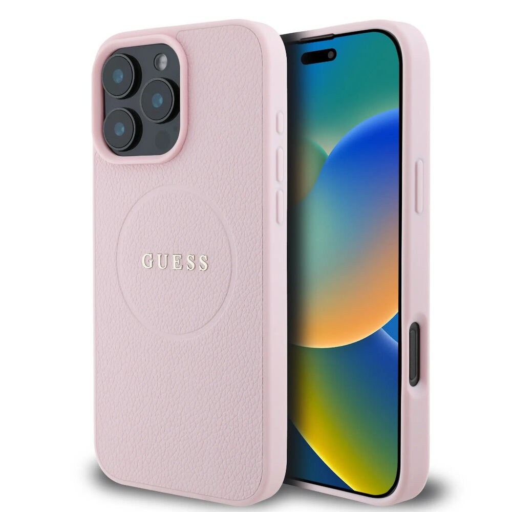 Guess Guess iPhone 16 Pro Back cover case - Magsafe PU Leather - Grained With Gold Ring - Pink Guess Guess iPhone 16 Pro Back cover case - Magsafe PU Leather - Grained With Gold Ring - Pink