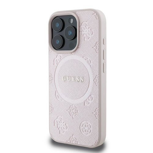 Guess Guess iPhone 16 Pro Backcover hoesje - Magsafe Saffiano PU - Peony Classic Logo - Roze