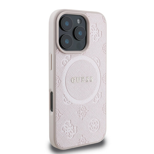 Guess Guess iPhone 16 Pro Backcover hoesje - Magsafe Saffiano PU - Peony Classic Logo - Roze