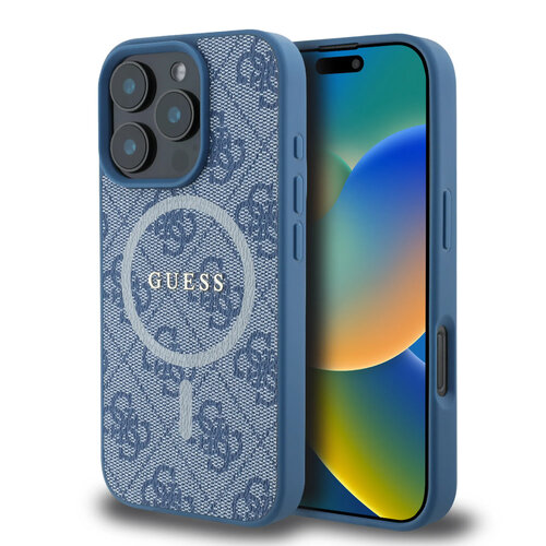 Guess Guess iPhone 16 Pro Backcover hoesje - Magsafe PU Leather - 4G Classic Logo - Blauw