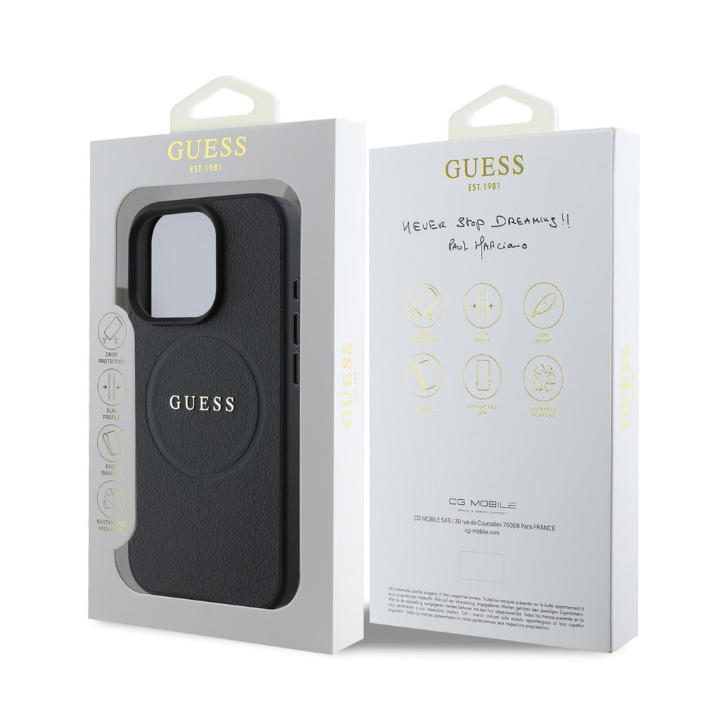 Guess Guess iPhone 16 Pro Back-Cover hul - Magsafe PU Leather - Grained With Gold Ring - Schwarz Guess Guess iPhone 16 Pro Back-Cover hul - Magsafe PU Leather - Grained With Gold Ring - Schwarz