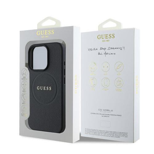 Guess Guess iPhone 16 Pro Back cover coque - Magsafe PU Leather - Grained With Gold Ring - Noir