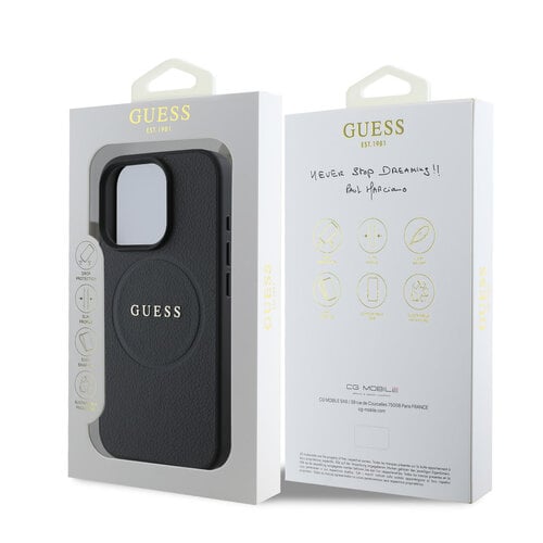 Guess Guess iPhone 16 Pro Backcover hoesje - Magsafe PU Leather - Grained With Gold Ring - Zwart