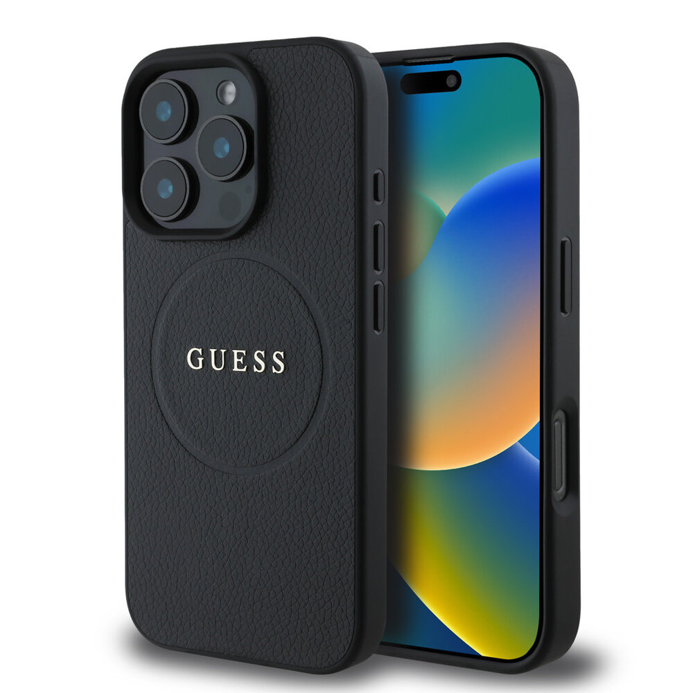 Guess Guess iPhone 16 Pro Back cover case - Magsafe PU Leather - Grained With Gold Ring - Black Guess Guess iPhone 16 Pro Back cover case - Magsafe PU Leather - Grained With Gold Ring - Black