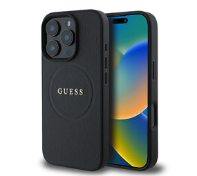 Guess Guess iPhone 16 Pro Back cover case - Magsafe PU Leather - Grained With Gold Ring - Black Guess Guess iPhone 16 Pro Back cover case - Magsafe PU Leather - Grained With Gold Ring - Black