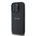 Guess Guess iPhone 16 Pro Back cover case - Magsafe PU Leather - Grained With Gold Ring - Black