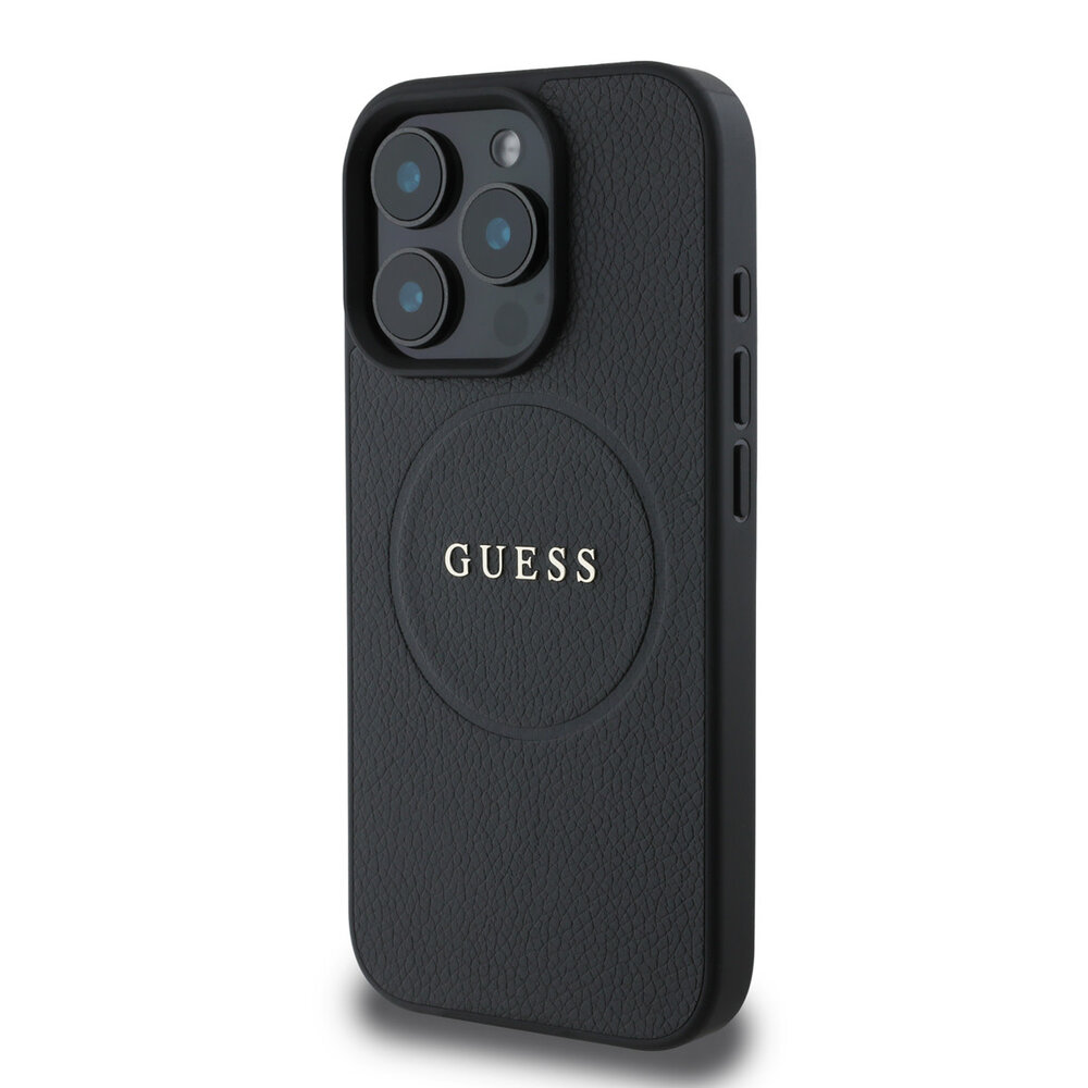 Guess Guess iPhone 16 Pro Back-Cover hul - Magsafe PU Leather - Grained With Gold Ring - Schwarz Guess Guess iPhone 16 Pro Back-Cover hul - Magsafe PU Leather - Grained With Gold Ring - Schwarz