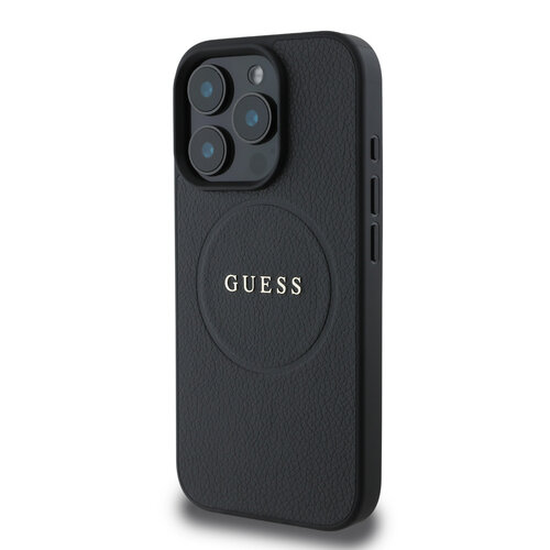 Guess Guess iPhone 16 Pro Back cover coque - Magsafe PU Leather - Grained With Gold Ring - Noir
