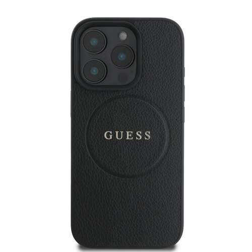 Guess Guess iPhone 16 Pro Back-Cover hul - Magsafe PU Leather - Grained With Gold Ring - Schwarz