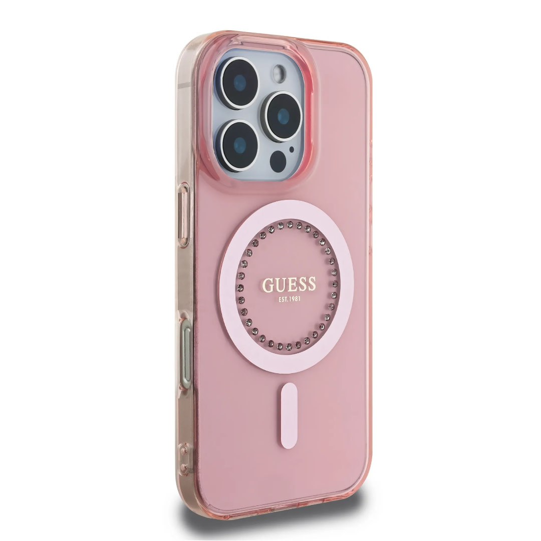 Guess Guess iPhone 16 Pro Backcover hoesje - Magsafe IML - Rhinestones - Roze, foto 4 van 6