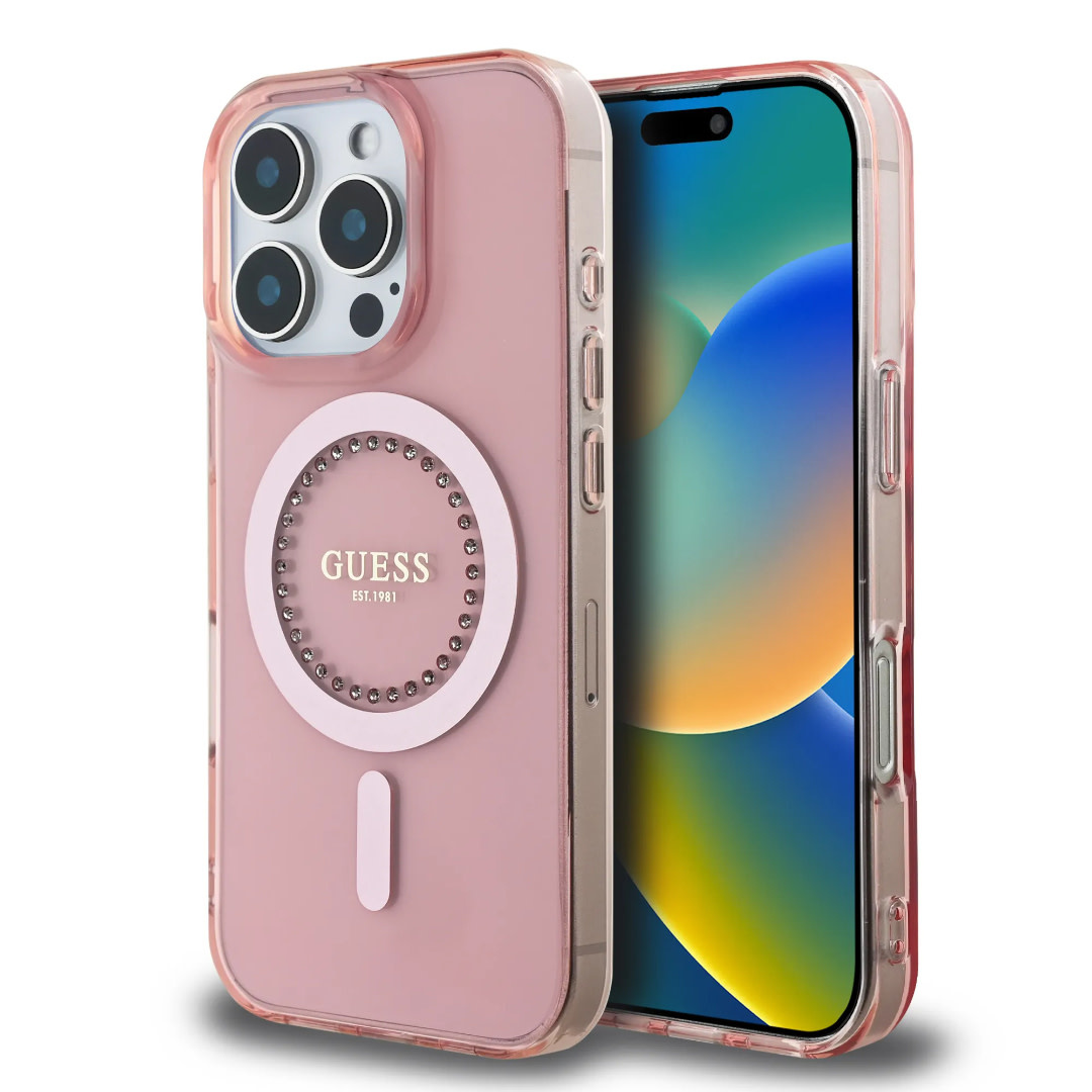 Guess Guess iPhone 16 Pro Backcover hoesje - Magsafe IML - Rhinestones - Roze