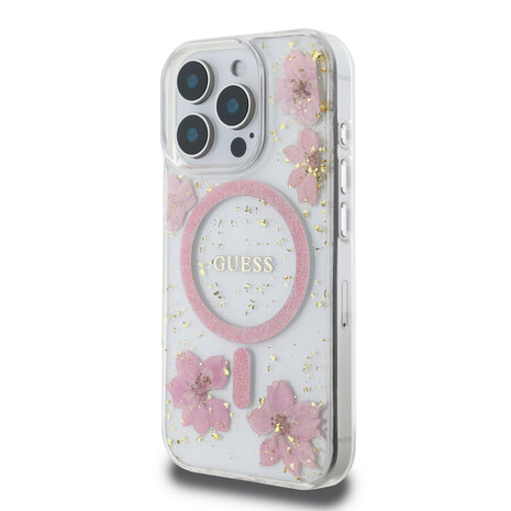Guess Guess iPhone 16 Pro Back cover case - Magsafe - Resin Flowers Design - Pink Guess Guess iPhone 16 Pro Back cover case - Magsafe - Resin Flowers Design - Pink