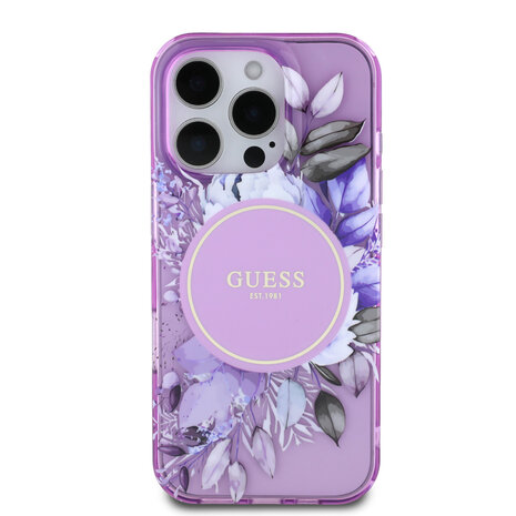 Guess Guess iPhone 16 Pro Max Back cover coque - Magsafe IML - Flower Design & Tonal Circle Logo - Violet Guess Guess iPhone 16 Pro Max Back cover coque - Magsafe IML - Flower Design & Tonal Circle Logo - Violet