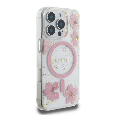 Guess Guess iPhone 16 Pro Max Back cover case - Magsafe - Resin Flowers Design - Pink Guess Guess iPhone 16 Pro Max Back cover case - Magsafe - Resin Flowers Design - Pink