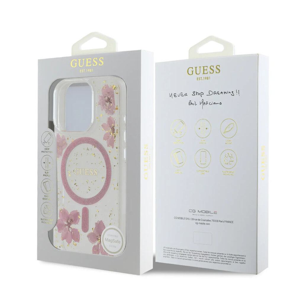 Guess Guess iPhone 16 Pro Max Back cover case - Magsafe - Resin Flowers Design - Pink Guess Guess iPhone 16 Pro Max Back cover case - Magsafe - Resin Flowers Design - Pink