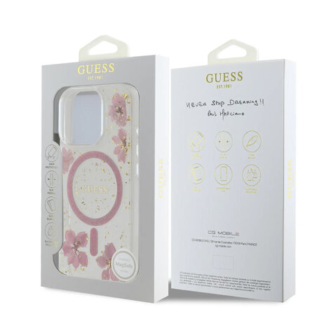 Guess Guess iPhone 16 Pro Max Back cover case - Magsafe - Resin Flowers Design - Pink Guess Guess iPhone 16 Pro Max Back cover case - Magsafe - Resin Flowers Design - Pink