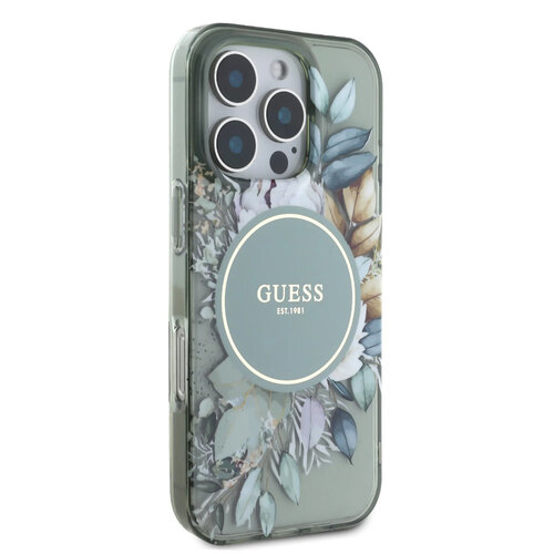 Guess Guess iPhone 16 Pro Max Back cover case - Magsafe IML - Flower Design & Tonal Circle Logo - Green
