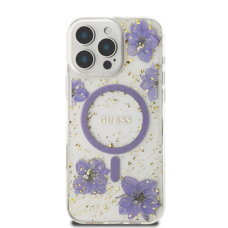 Guess Guess iPhone 16 Pro Max Back cover coque - Magsafe - Resin Flowers Design - Violet Guess Guess iPhone 16 Pro Max Back cover coque - Magsafe - Resin Flowers Design - Violet