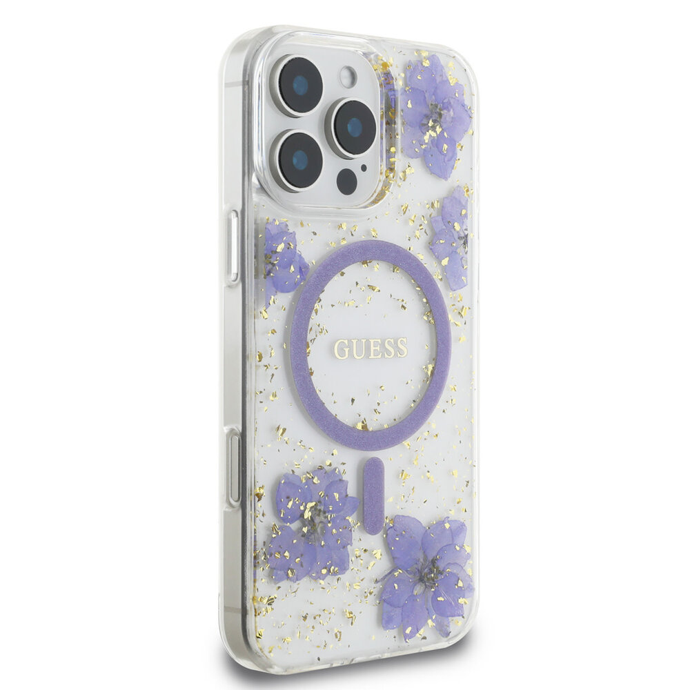 Guess Guess iPhone 16 Pro Max Back cover coque - Magsafe - Resin Flowers Design - Violet Guess Guess iPhone 16 Pro Max Back cover coque - Magsafe - Resin Flowers Design - Violet