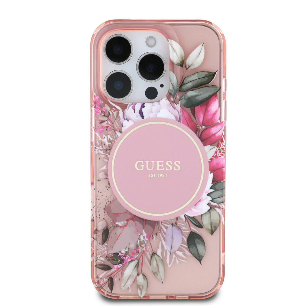 Guess Guess iPhone 16 Pro Max Back-Cover hul - Magsafe IML - Flower Design & Tonal Circle Logo - Rosa Guess Guess iPhone 16 Pro Max Back-Cover hul - Magsafe IML - Flower Design & Tonal Circle Logo - Rosa