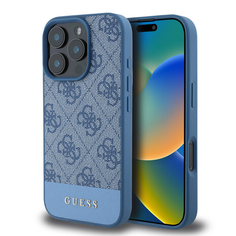Guess Guess iPhone 16 Pro Back-Cover hul - 4G PU Leather - Bottom Stripe - Blau Guess Guess iPhone 16 Pro Back-Cover hul - 4G PU Leather - Bottom Stripe - Blau