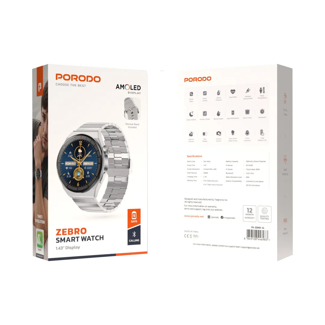 Porodo Zebro Smart Watch - Zilver, foto 5 van 6