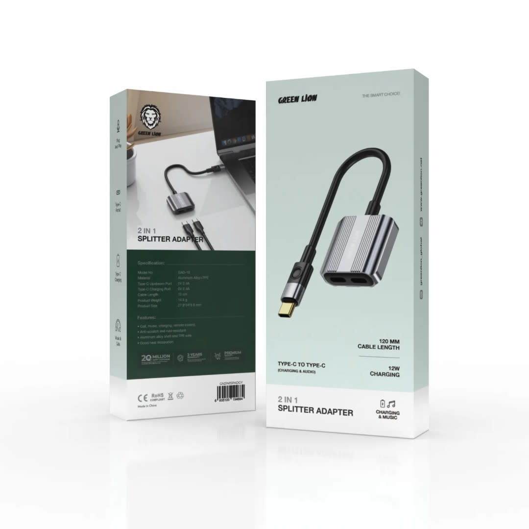 Green Lion Green Lion 2 In 1 Splitter Adapter - Type-C to Dual Type-C - Grijs, foto 3 van 3