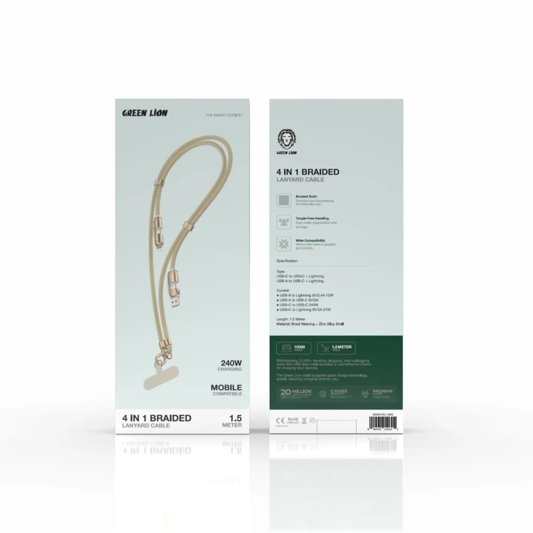 Green Lion Green Lion 4 in 1 Braided 150cm Lanyard Cable with Tether Patch - Beige, foto 2 van 2