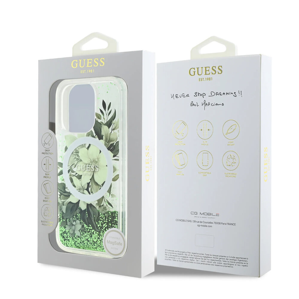 Guess Guess iPhone 16 Pro Back cover case - Magsafe - Liquid Glitter Flower Design - Green Guess Guess iPhone 16 Pro Back cover case - Magsafe - Liquid Glitter Flower Design - Green