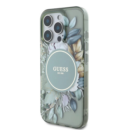Guess Guess iPhone 16 Pro Back cover case - Magsafe IML - Flower Design & Tonal Circle Logo - Green