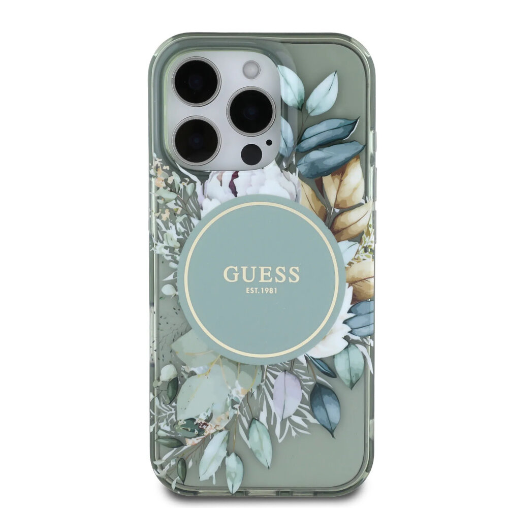 Guess Guess iPhone 16 Pro Back cover case - Magsafe IML - Flower Design & Tonal Circle Logo - Green Guess Guess iPhone 16 Pro Back cover case - Magsafe IML - Flower Design & Tonal Circle Logo - Green