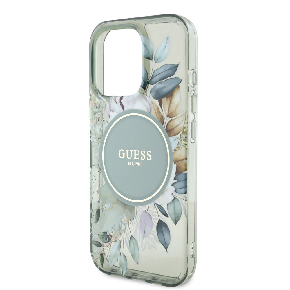 Guess Guess iPhone 16 Pro Back cover case - Magsafe IML - Flower Design & Tonal Circle Logo - Green Guess Guess iPhone 16 Pro Back cover case - Magsafe IML - Flower Design & Tonal Circle Logo - Green