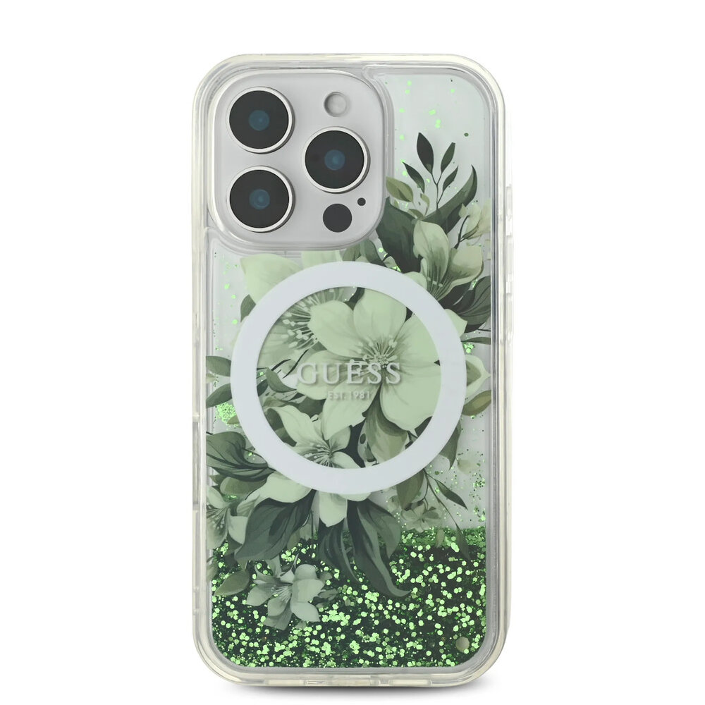 Guess Guess iPhone 16 Pro Max Back cover case - Magsafe - Liquid Glitter Flower Design - Green Guess Guess iPhone 16 Pro Max Back cover case - Magsafe - Liquid Glitter Flower Design - Green