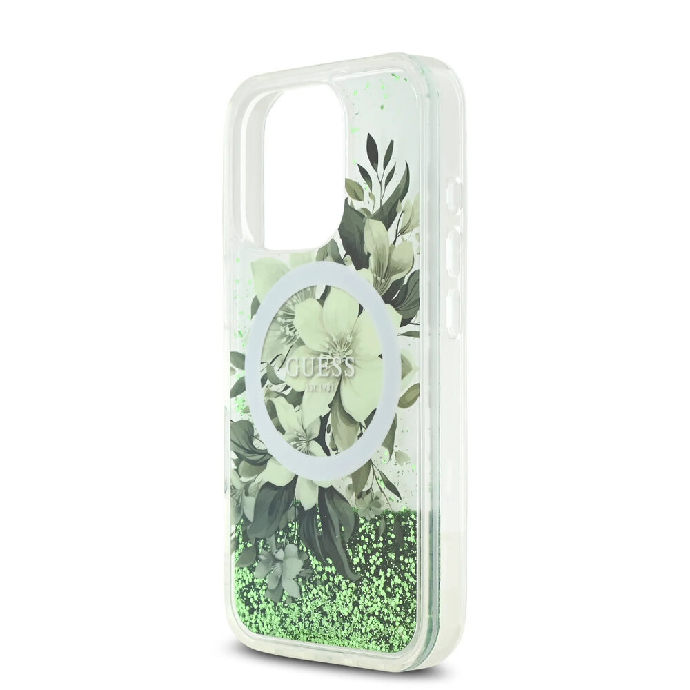 Guess Guess iPhone 16 Pro Max Back cover case - Magsafe - Liquid Glitter Flower Design - Green Guess Guess iPhone 16 Pro Max Back cover case - Magsafe - Liquid Glitter Flower Design - Green