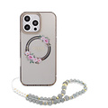 Guess Guess iPhone 16 Pro Max Back cover case - Magsafe IML - Flower Wreath Design & Pearl Strap - Black