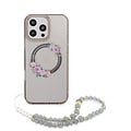 Guess Guess iPhone 16 Pro Max Backcover hoesje - Magsafe IML - Flower Wreath Design & Pearl Strap - Zwart