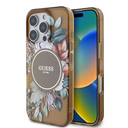 Guess Guess iPhone 16 Pro Back cover case - Magsafe IML - Flower Design & Tonal Circle Logo - Brown
